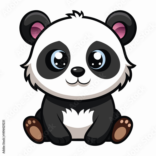 A small, fluffy panda cub with big, innocent eyes sits against a white background.

