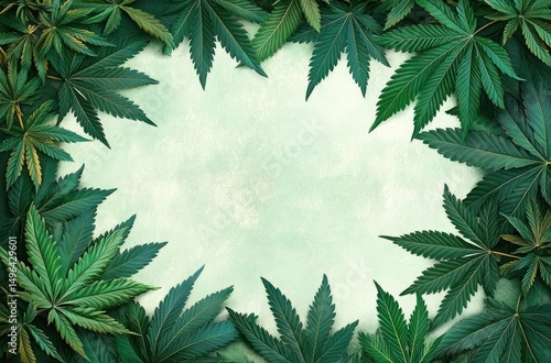 Arrangement of green cannabis leaves forming a circular frame with light textured background in the center