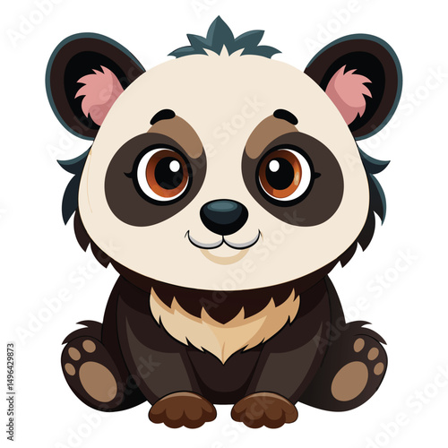 A small, fluffy panda cub with big, innocent eyes sits against a white background.
