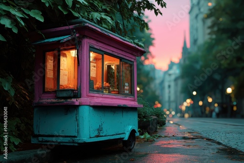 Colorful night view of a small vibrant kiosk surrounded by trees and wet pavement