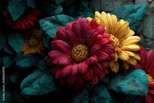 Macro image of vivid flowers in teal and magenta tones with dramatic lighting