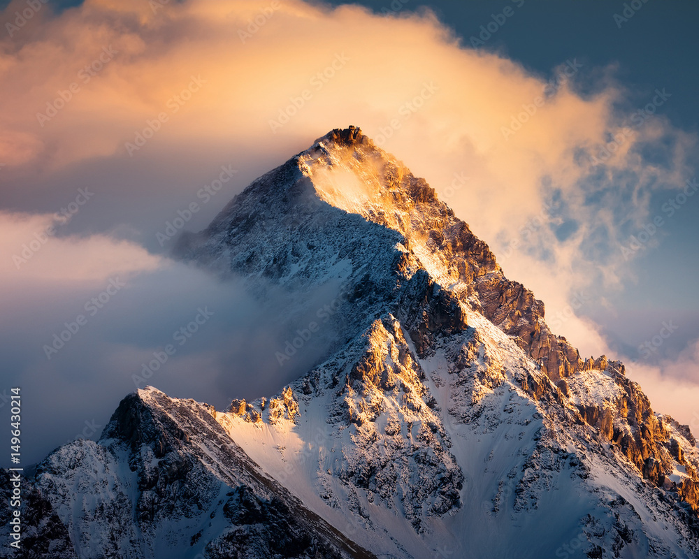 Obraz premium A cloud-covered mountain peak, symmetrical design with soft light