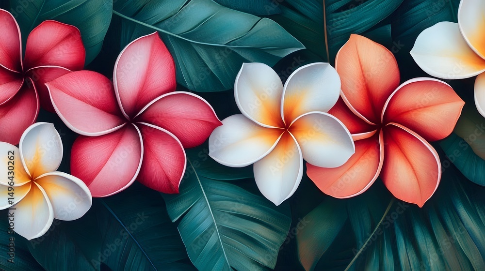 Obraz premium Dynamic plumeria explosion with tropical energy and bold tattoo-inspired flowers