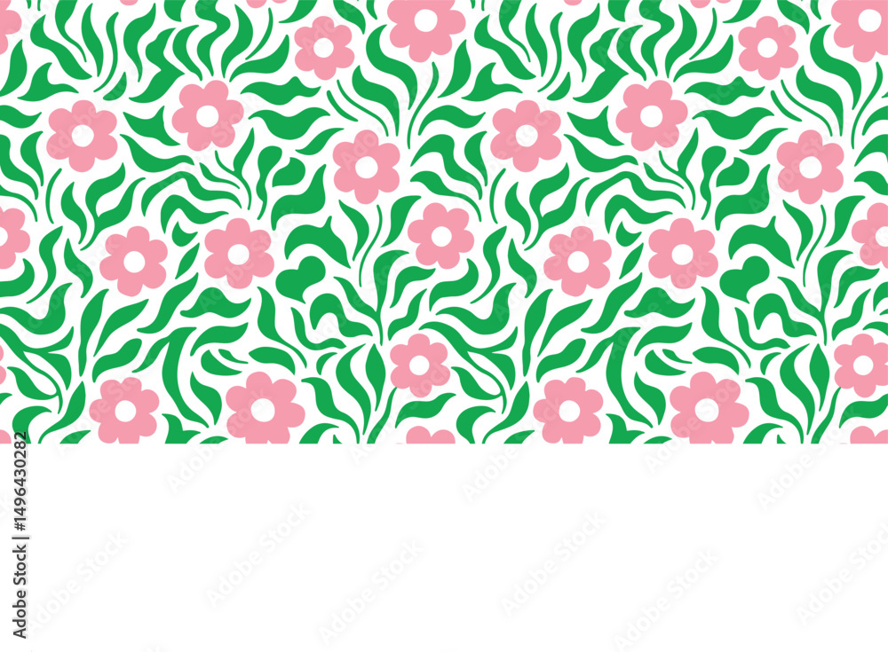 Obraz premium Pink flowers, abstract leaves on white background. Seamless pattern for fashion design, fabric, wallpaper and all kinds of prints.