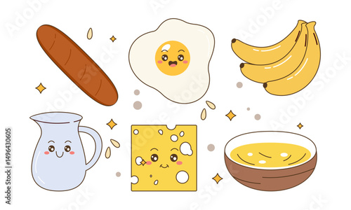 Breakfast Food Kawaii Doodle Set Vector Illustration
