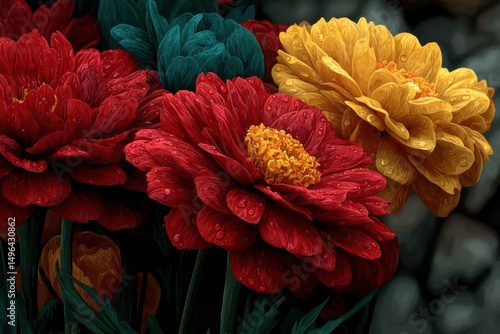 Close-up of colorful flowers in red yellow and teal tones