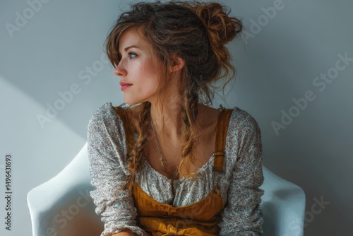 Relaxed woman sitting in a white armchair wearing a mustard yellow blouse