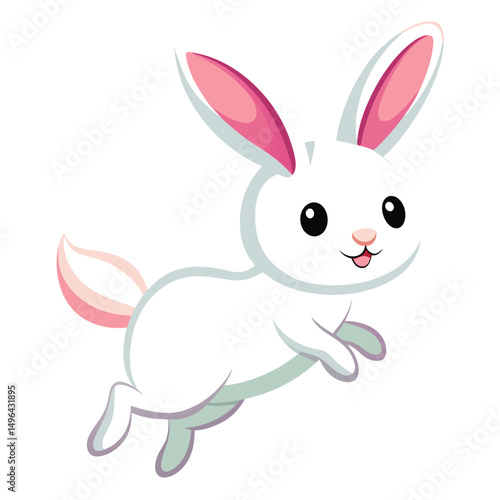A small, white rabbit with pink ears appears to be mid-leap against a white background