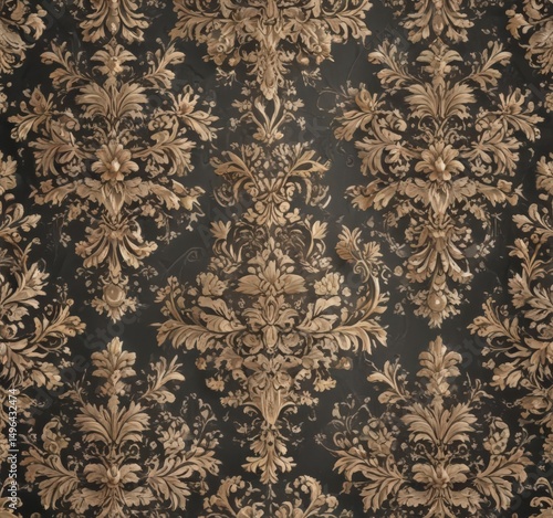 Intricate damask pattern with delicate floral details, classic wallpaper design,  royal,  scroll