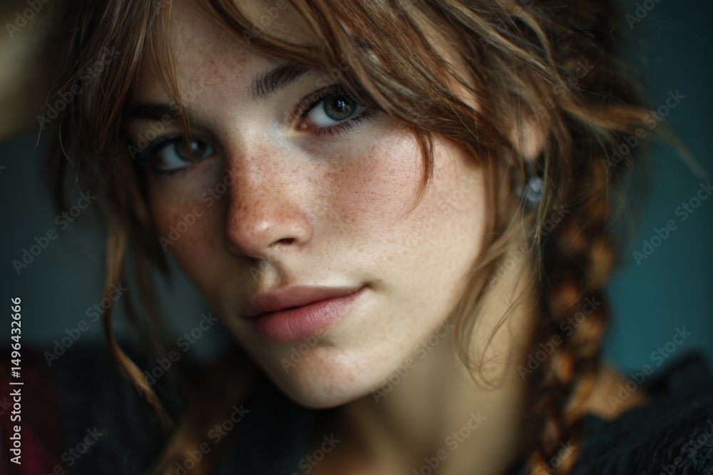 Fototapeta premium Portrait of a woman with natural freckles and soft expression in moody lighting