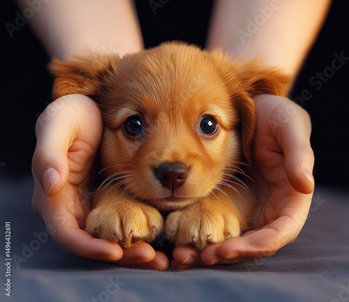 Wallpaper Mural A small brown puppy with large expressive eyes resting its head on human hands showing care and tenderness Torontodigital.ca