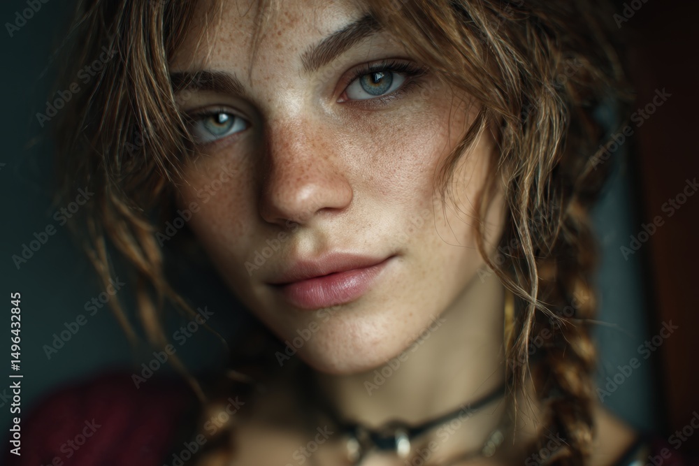Close-up of a young woman with intense gaze and soft shadows Close-up of a young woman with intense gaze and soft shadows