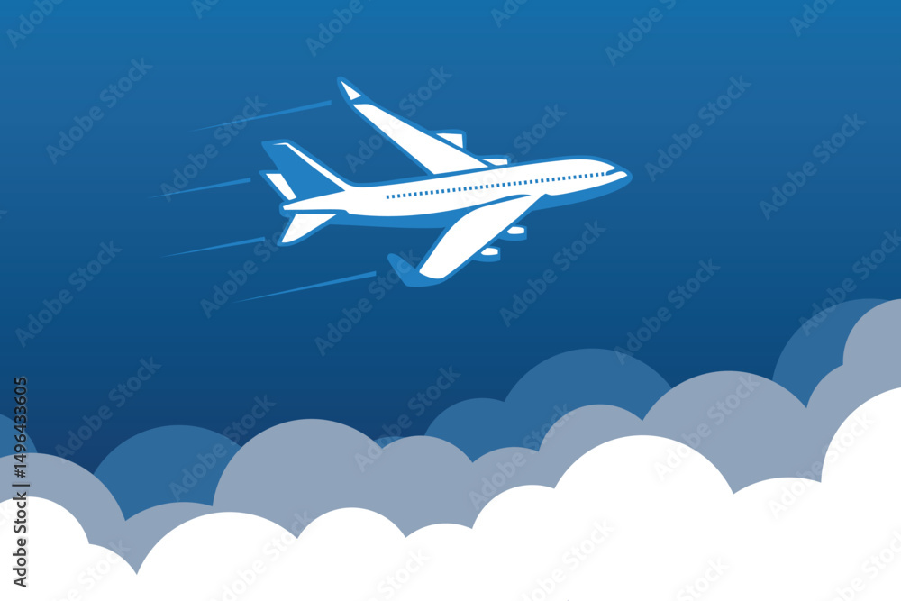 Naklejka premium Airplane Flying Above Clouds Blue Sky Travel Aviation Graphic