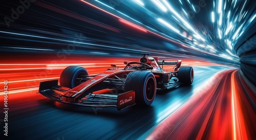Red Formula 1 race car speeding through a futuristic tunnel with dynamic light trails and motion blur conveying high speed and excitement