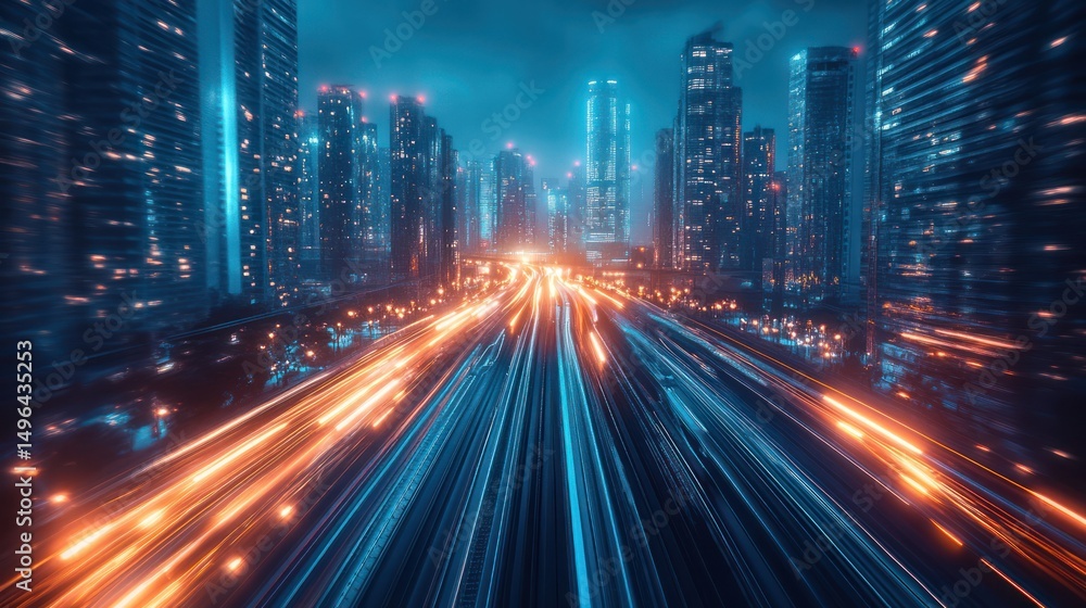 Futuristic cityscape with light trails and dynamic movement in the night Futuristic cityscape with light trails and dynamic movement in the night