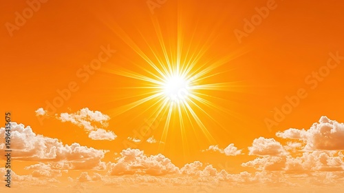 Vivid orange sky with bright sun and clouds.
