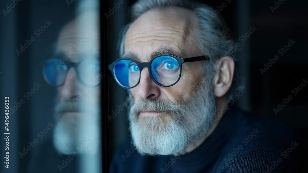 Introspective Glance: A contemplative senior gentleman with a distinguished grey beard, adorned with stylish spectacles, gazes thoughtfully through a window, reflecting on the complexities of life. Introspective Glance: A contemplative senior gentleman with a distinguished grey beard, adorned with stylish spectacles, gazes thoughtfully through a window, reflecting on the complexities of life.