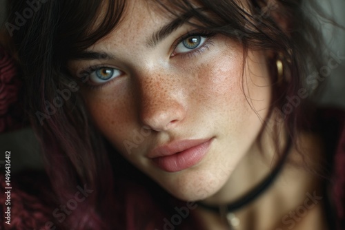Freckled woman with intense gaze wearing dark red top in soft light