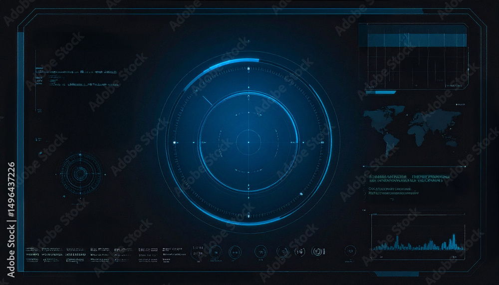 Fototapeta premium A futuristic user interface with a blue radar, data displays, and a world map. It evokes a sense of technology and progress.