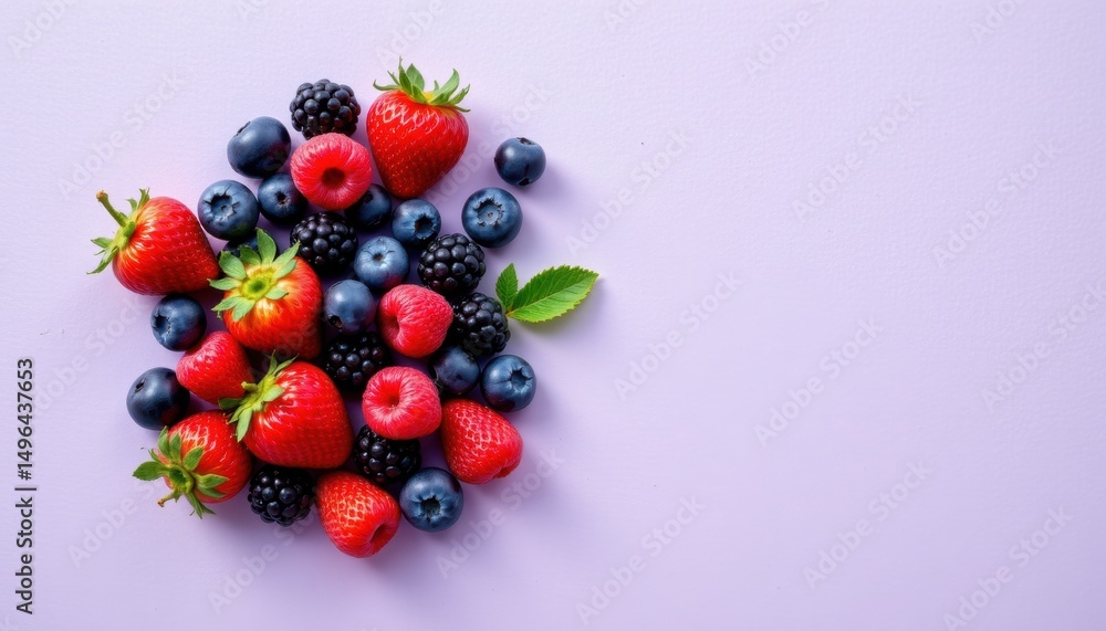 Colorful mixed berries arrangement on soft purple surface food photography bright and vibrant top view healthy eating concept Colorful mixed berries arrangement on soft purple surface food photography bright and vibrant top view healthy eating concept