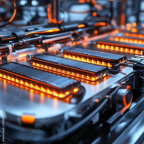 Close-up of EV Battery Technology in Minimalist R&D Lab Setting with Clean Composition and Copy Space