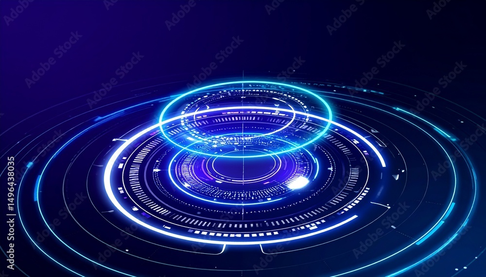 Fototapeta premium An abstract digital user interface with futuristic blue glowing circles and lines. This image suggests technological advancement and innovation.