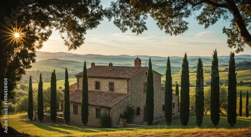 Tuscan Villa in Sunlight: A classic Tuscan villa stands serenely under the golden rays, flanked by cypress trees, embodying tranquility and rustic beauty, and offering a view of rolling hills.