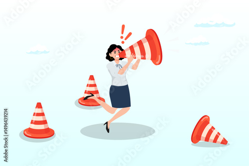 Businesswoman shouting loud voice message on big safety pylon, communicate urgent message, warning or danger alert, broadcast announcement, attention or loudspeaker screaming advertising concept