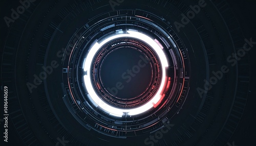 A futuristic circular design with glowing light effects against a dark background. This image features a digital interface, perfect for technology-related concepts.
