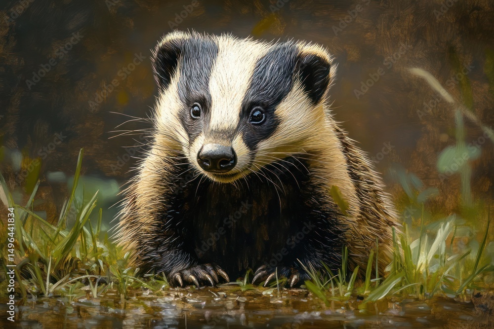 Fototapeta premium Close-up of a young badger lying on wet ground surrounded by grass, with an alert and curious expression