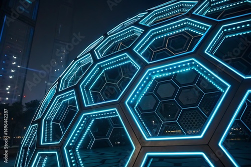 Futuristic dome illuminated with blue neon lights at night