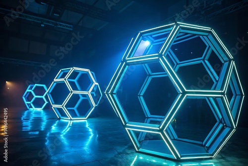 Three glowing geometric shapes with blue and white lights