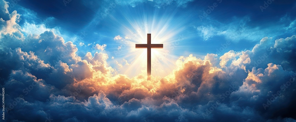Fototapeta premium Wooden cross illuminated by radiant sunlight breaking through dramatic clouds in a blue sky, evoking a sense of hope and spirituality