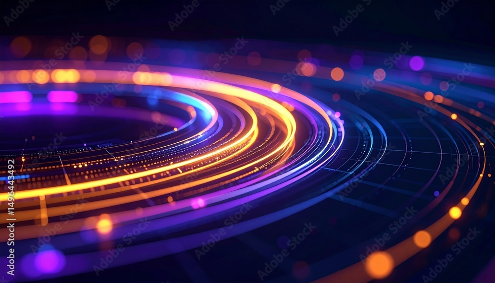 Obraz premium Abstract glowing circles with a futuristic concept in a dark background. They seem to be spinning in a 3D style, reflecting the lights of a neon-like effect in shades of pink and orange.