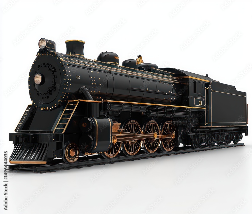 Fototapeta premium Black vintage steam locomotive with copper accents standing on railway track against white background