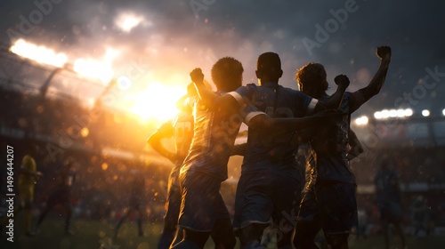 Soccer team celebrating victory with arms raised in stadium at sunset in dramatic lighting scene