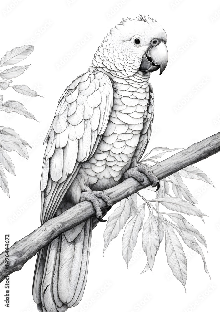 Obraz premium A realistic, happy parrot sitting on the branch of a tree coloring page.