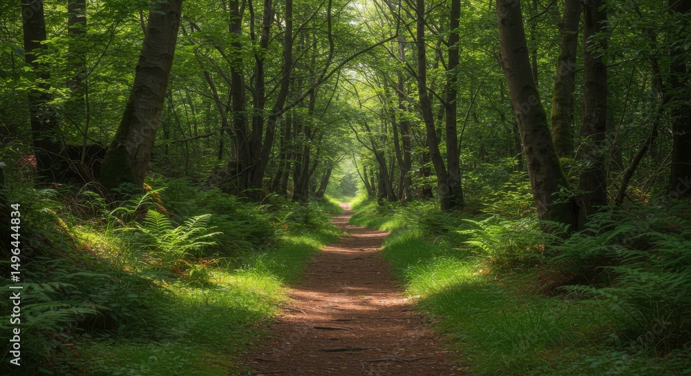 Fototapeta premium Pathway through Enchanted Forest: An inviting pathway winds through a verdant forest, offering a tranquil escape into a realm of lush greenery and dappled sunlight.