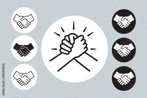 Solid and Outline Handshake Arm Wrestle Vector Icon Set