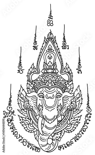 Thai traditional Tattoo, Ganesha. The meaning of Thai texts: success and destroyer of evils and obstacles	
