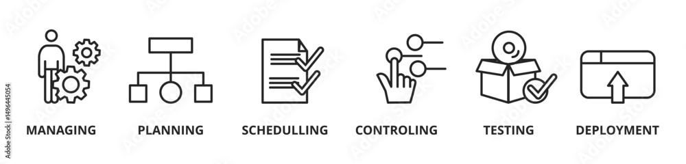 Obraz premium process, icon, devops, scrum, data, software, computer, testing, technology, schedule, background, vector, business, banner, illustration, concept, digital, communication, internet, sign, tools, picto