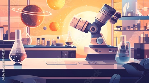 Cosmic research lab scene with astronomical equipment.