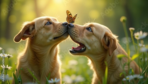 two dogs playing a butterfly