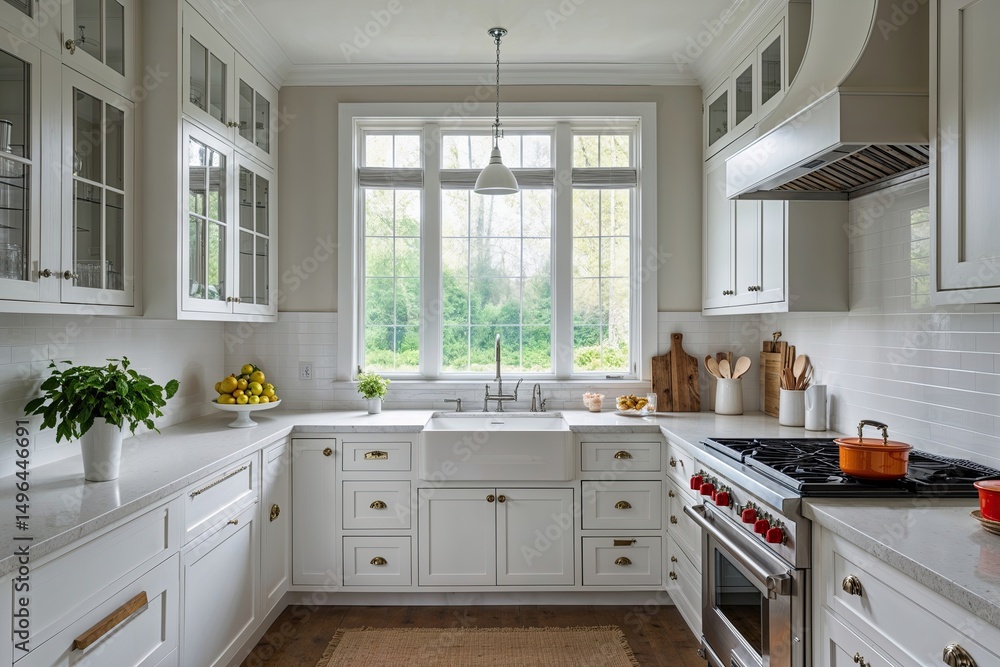 Fototapeta premium Bright and Airy Kitchen Featuring White Cabinets and Expansive Windows