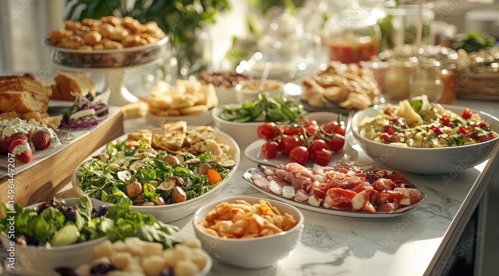 A sunlit table laden with an abundant buffet of various salads, breads, cheeses, meats, and other appetizers, ready for a gathering A sunlit table laden with an abundant buffet of various salads, breads, cheeses, meats, and other appetizers, ready for a gathering