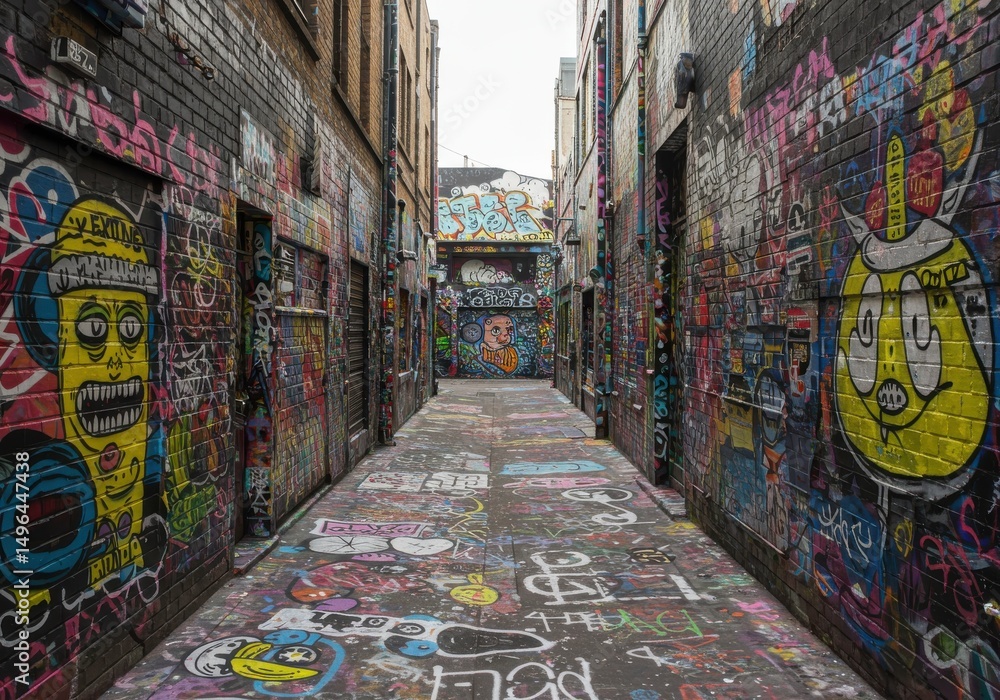Fototapeta premium Vibrant Alleyway Graffiti: Explore an urban art gallery, where creativity explodes onto the walls of a narrow city alley, displaying a vivid mosaic of street art. 