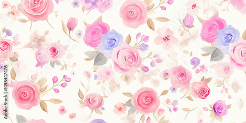 カラフルな薔薇が舞う華やかな水彩スタイルの背景デザイン｜レッド、ピンク、ブルー、イエロー、パステル、抽象的、背景、テキスタイル、ブーケ、グラフィック素材