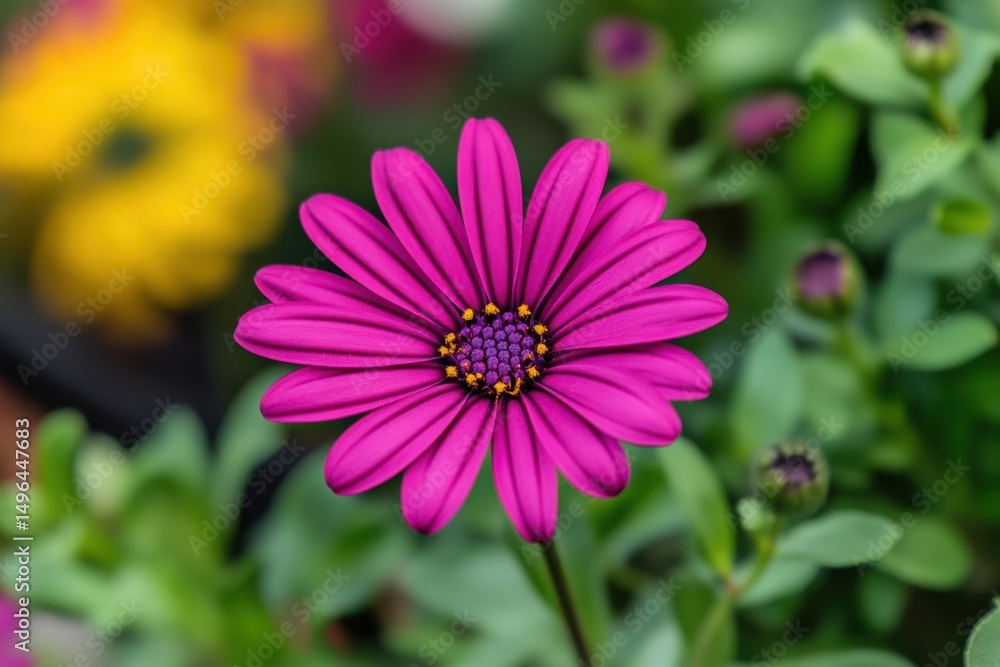 Vibrant purple daisy blooms amidst lush green leaves in a garden setting, Closeup of vibrant purple daisy with green leaves, blurred background Vibrant purple daisy blooms amidst lush green leaves in a garden setting, Closeup of vibrant purple daisy with green leaves, blurred background