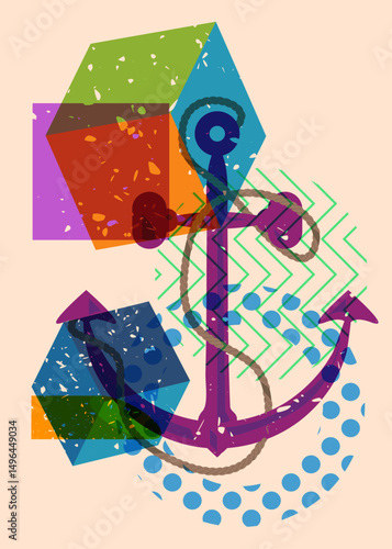 Risograph Anchor with geometric shapes. Objects in trendy riso graph print texture style design with geometry elements.