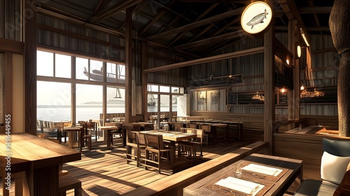 Wallpaper Mural Fishing lodge restaurant with coastal wooden design and cozy seating Torontodigital.ca